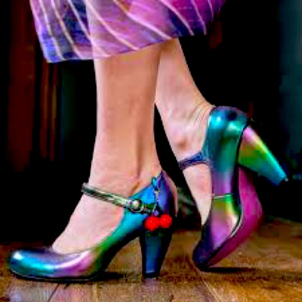 Irregular choice, cherry champ, iridescent heels size 37 (6.5)
